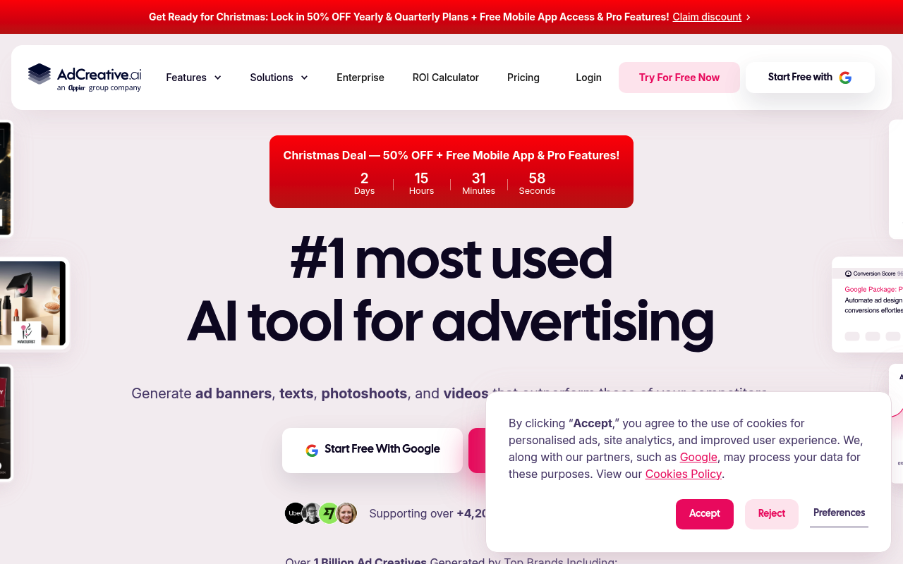 Screenshot of AdCreative.ai - AI ad creative generator for social media and display ads. Creates conversion-focused ad designs.