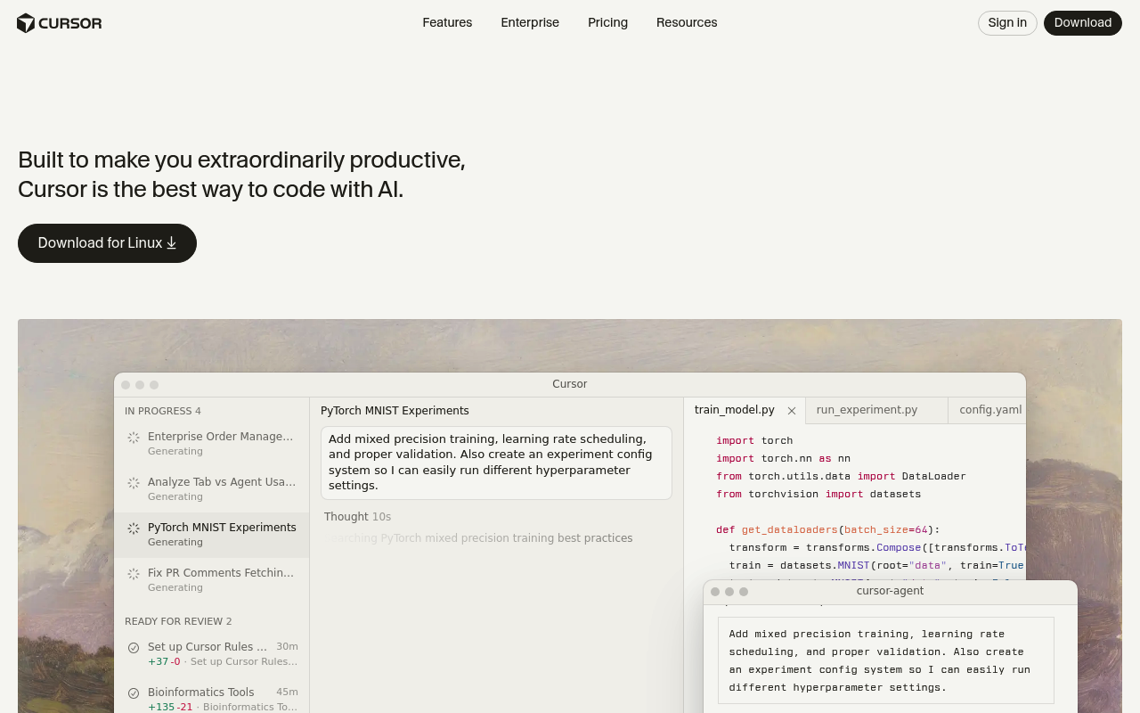 Screenshot of Cursor - AI-first code editor built on VS Code. Deep AI integration for chat, editing, and code generation.