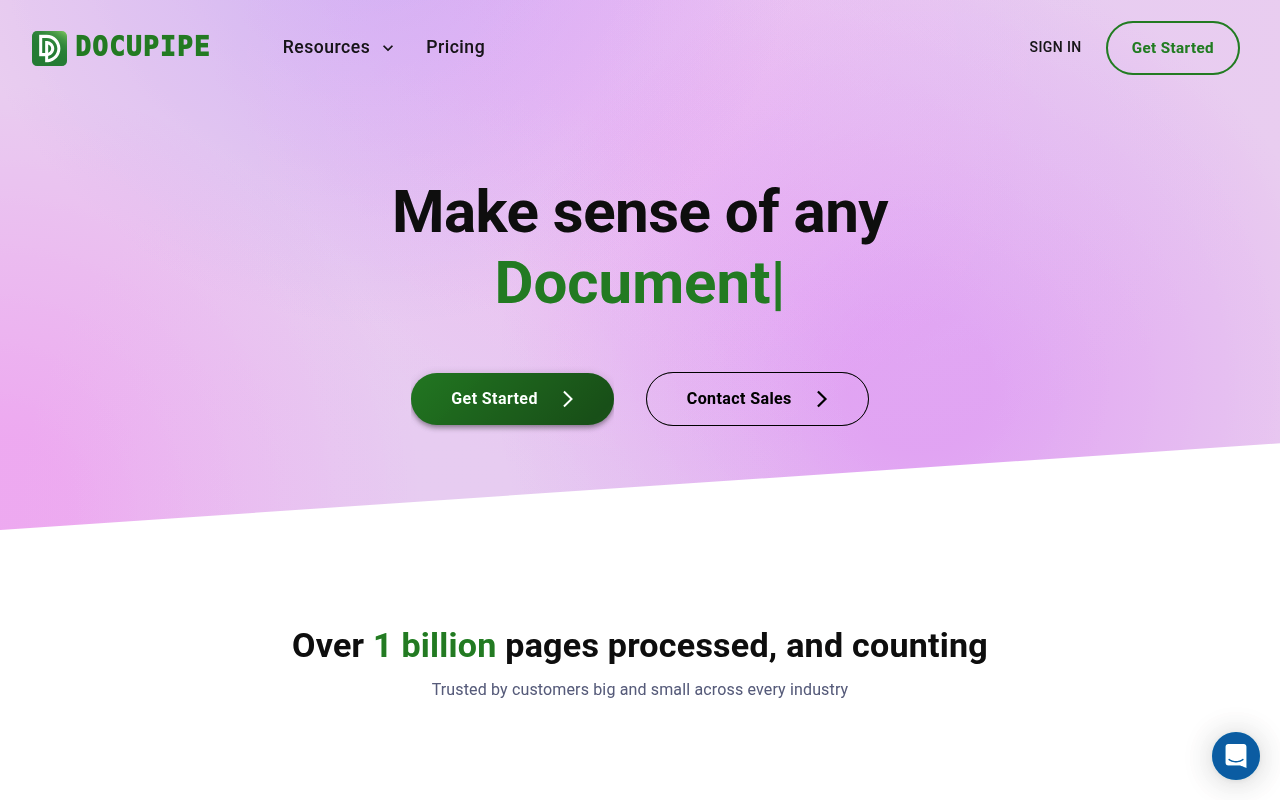 DocuPipe interface screenshot showing the main dashboard