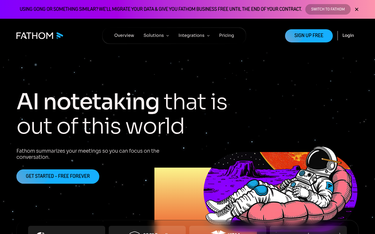 Screenshot of Fathom - AI meeting assistant that records, transcribes, and summarizes video calls automatically.