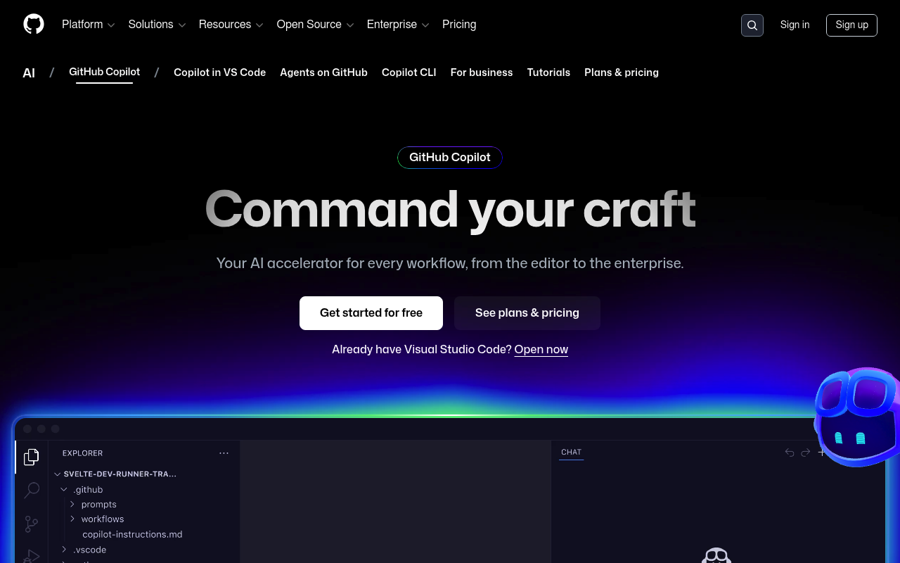 Screenshot of GitHub Copilot - AI coding assistant that provides real-time code suggestions in your IDE. Industry standard for deve