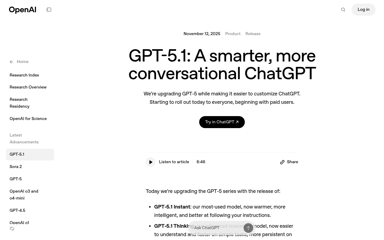 Screenshot of GPT-5.1 - OpenAI's next-generation flagship model with major improvements in reasoning, coding, and multimodal
