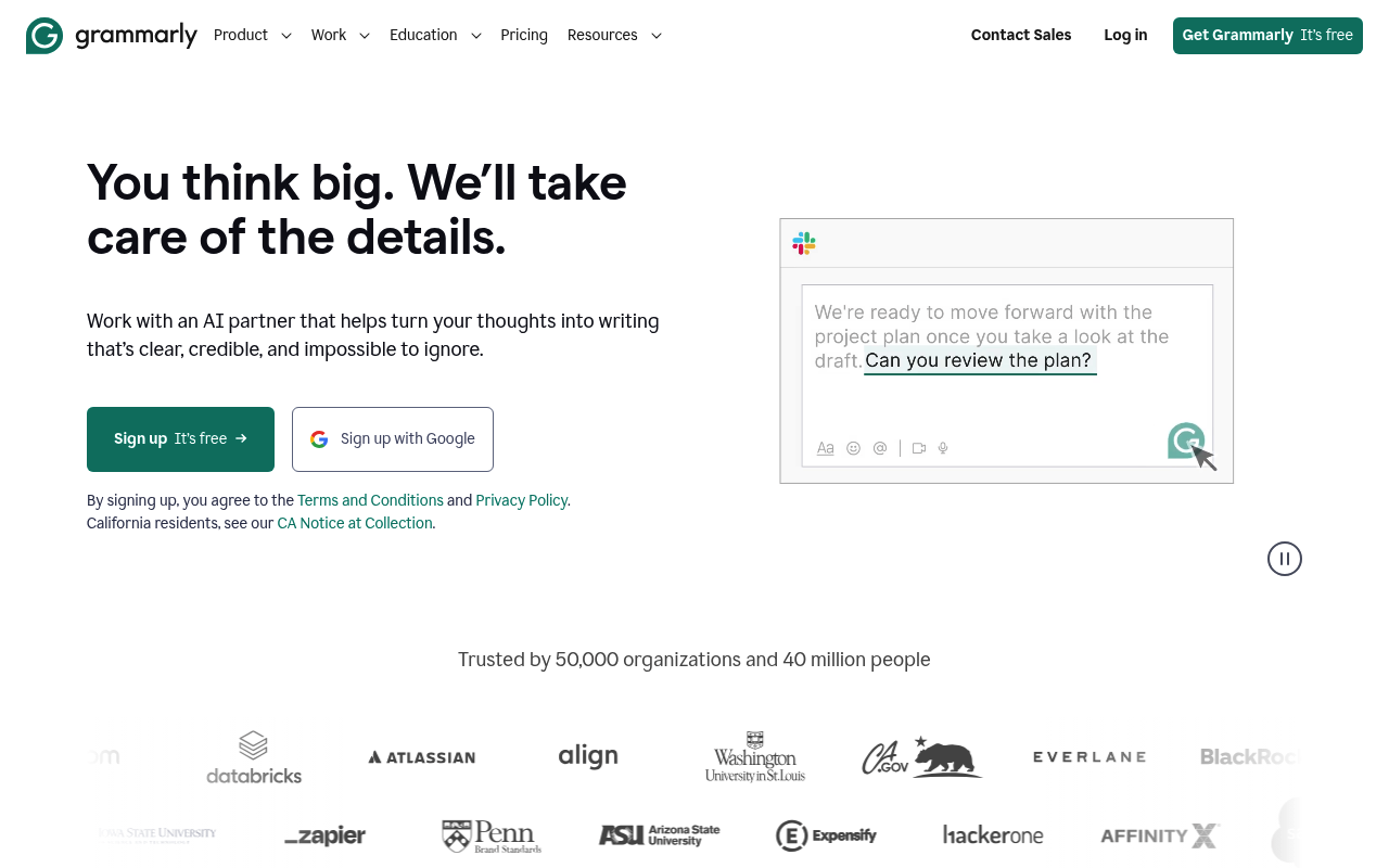 Screenshot of Grammarly - AI writing assistant for grammar, clarity, and tone. Now includes generative AI features.