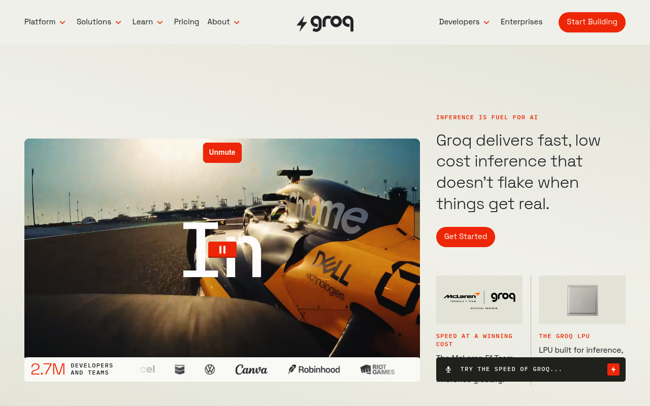 Screenshot of Groq - Ultra-fast LLM inference platform powered by custom LPU chips. Run Llama, Mixtral, and other models 