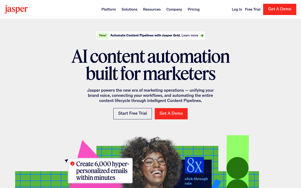 Screenshot of Jasper - AI marketing platform for creating on-brand content at scale. Templates for ads, emails, and more.
