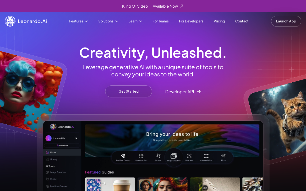 Screenshot of Leonardo AI - AI image generation platform optimized for game assets, concept art, and creative professionals. Fea