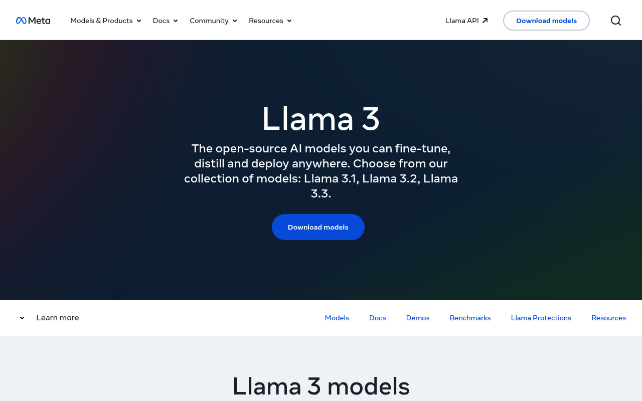 Screenshot of Llama 3 - Meta's open-source LLM family including Llama 3, 3.1, 3.2, and 3.3 models. Features multimodal capab