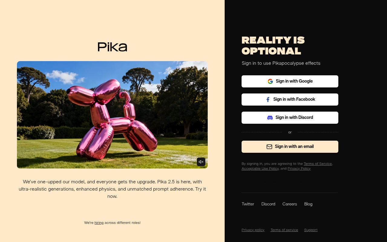 Screenshot of Pika - AI video generator with text-to-video capabilities, featuring creative effects, Modify Region, Lip S